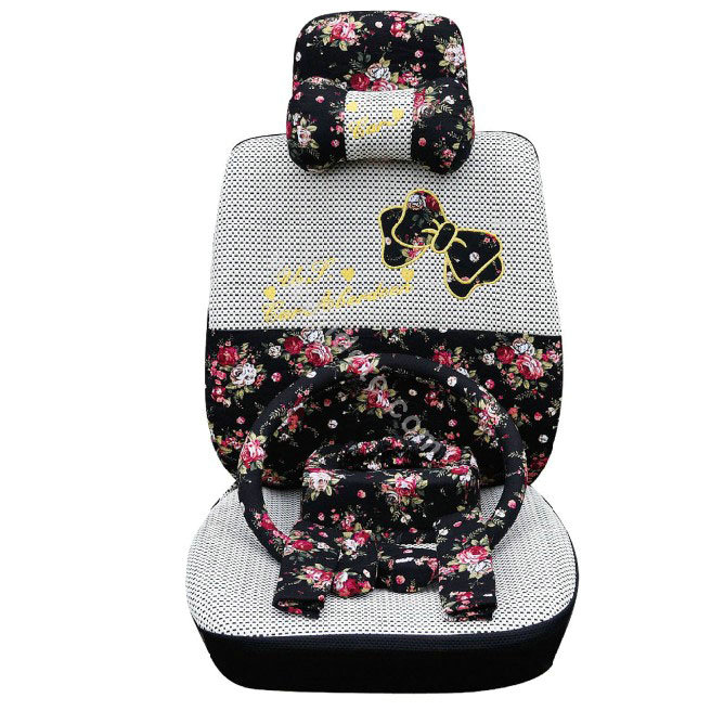 OULILAI Bowknot Universal Auto Car Seat Cover Set 19pcs ice silk - Black