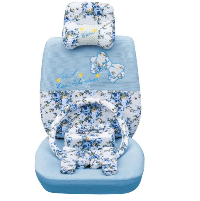 OULILAI Bowknot Universal Auto Car Seat Cover Set 19pcs ice silk - Blue