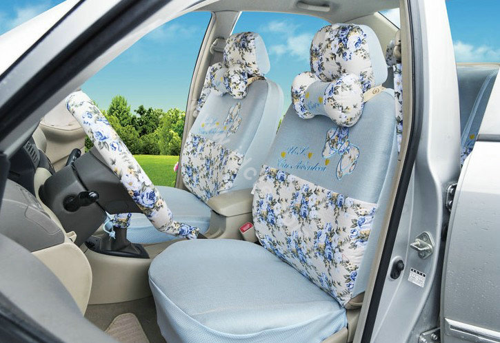 OULILAI Bowknot Universal Auto Car Seat Cover Set 19pcs ice silk - Blue