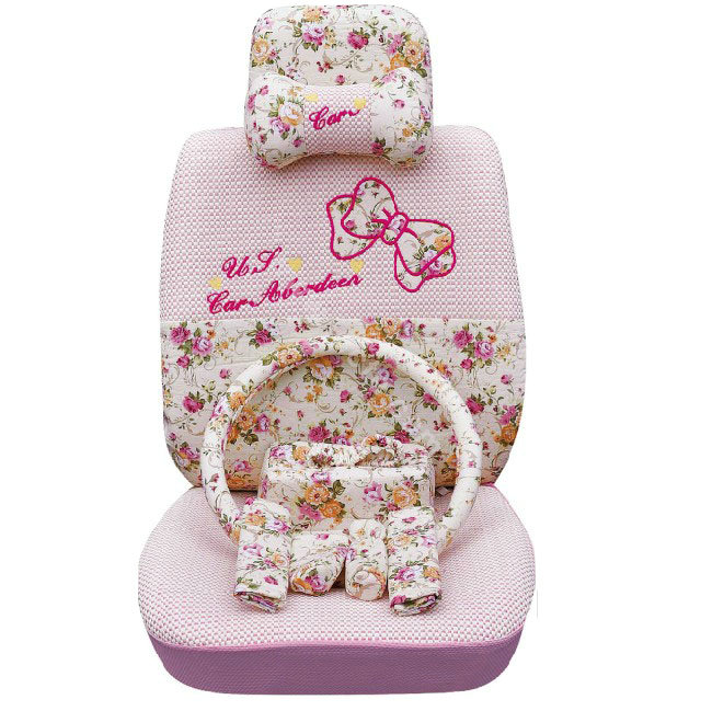 OULILAI Bowknot Universal Auto Car Seat Cover Set 19pcs ice silk - Pink