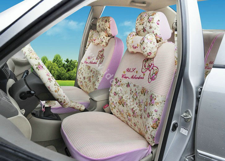 OULILAI Bowknot Universal Auto Car Seat Cover Set 19pcs ice silk - Pink
