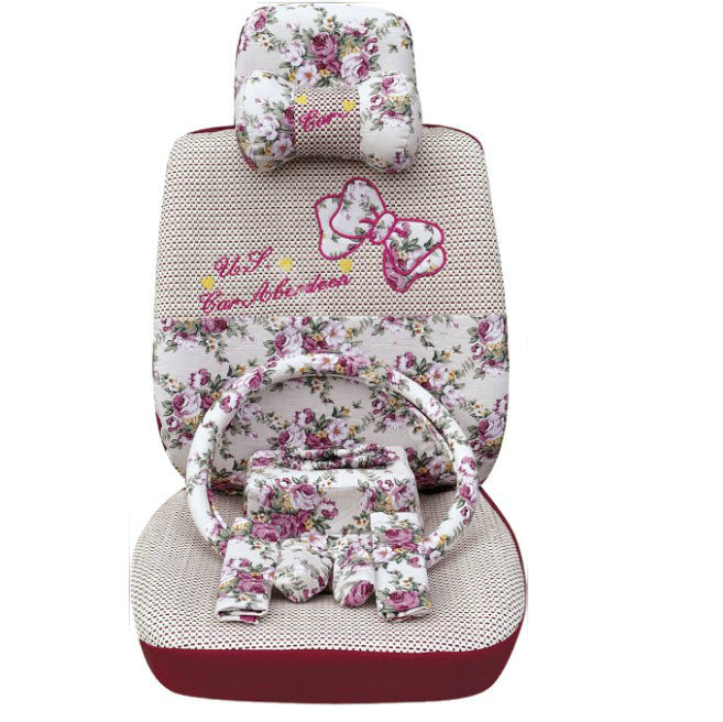 OULILAI Bowknot Universal Auto Car Seat Cover Set 19pcs ice silk - Rose