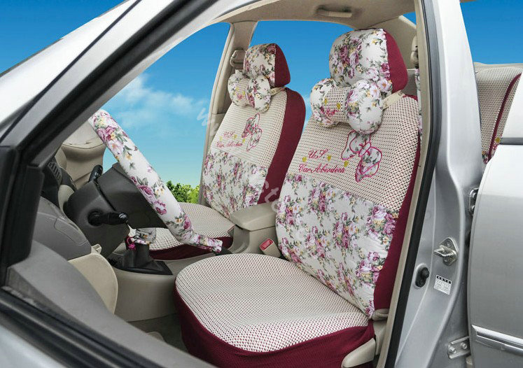 OULILAI Bowknot Universal Auto Car Seat Cover Set 19pcs ice silk - Rose