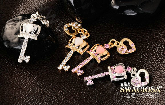 Bling Crown key Alloy Rhinestone Crystal DIY Phone Case Cover Deco Kit 15*35mm - Pink