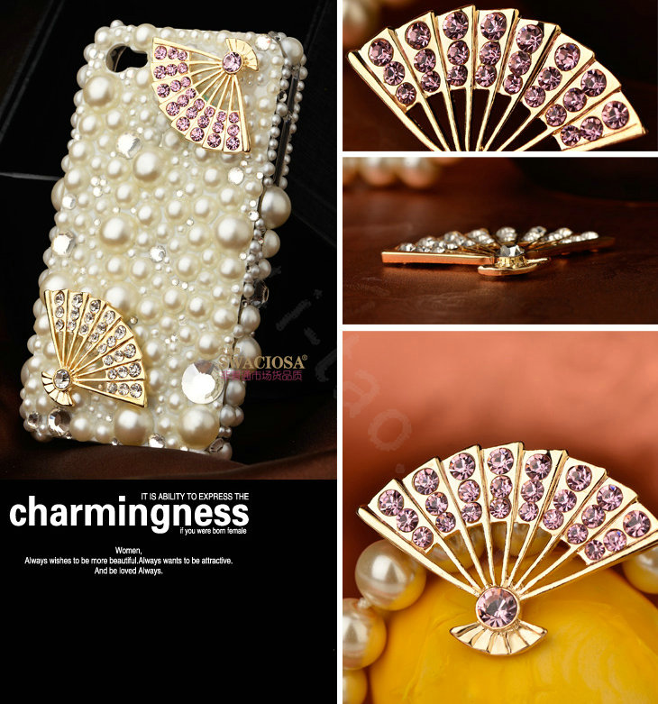 Bling Fan Alloy Crystal Rhinestone DIY Phone Case Cover Deco Kit 45*30mm - Pink