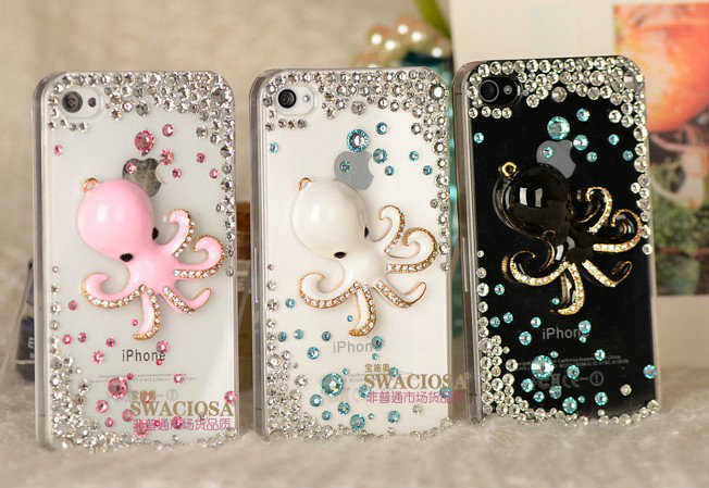 Bling Octopus Alloy Crystal Rhinestone DIY Phone Case Cover Deco Kit - Black