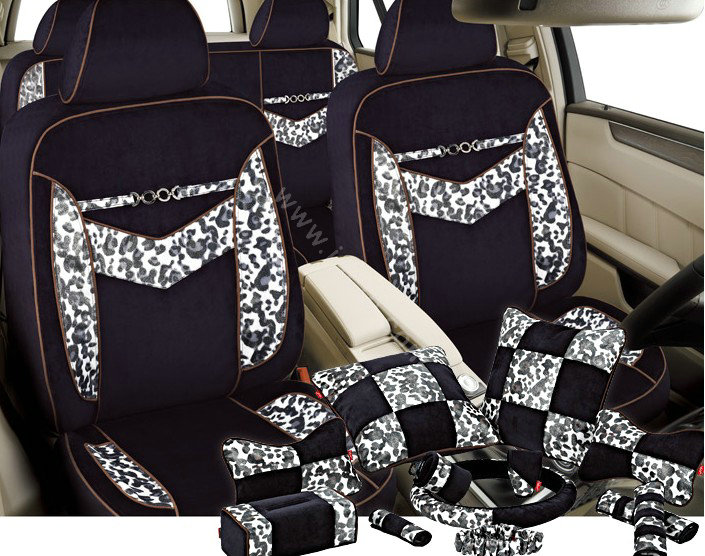 VV Leopard Faux Leather Custom Auto Car Seat Cover Set - Black