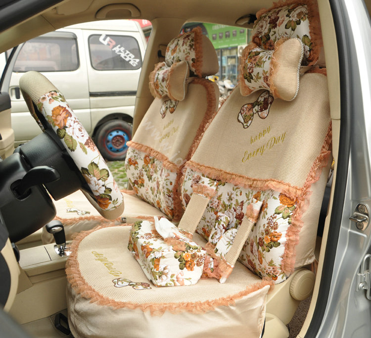 Floral print Bowknot Lace Universal Auto Car Seat Cover Set 21pcs ice silk - Beige