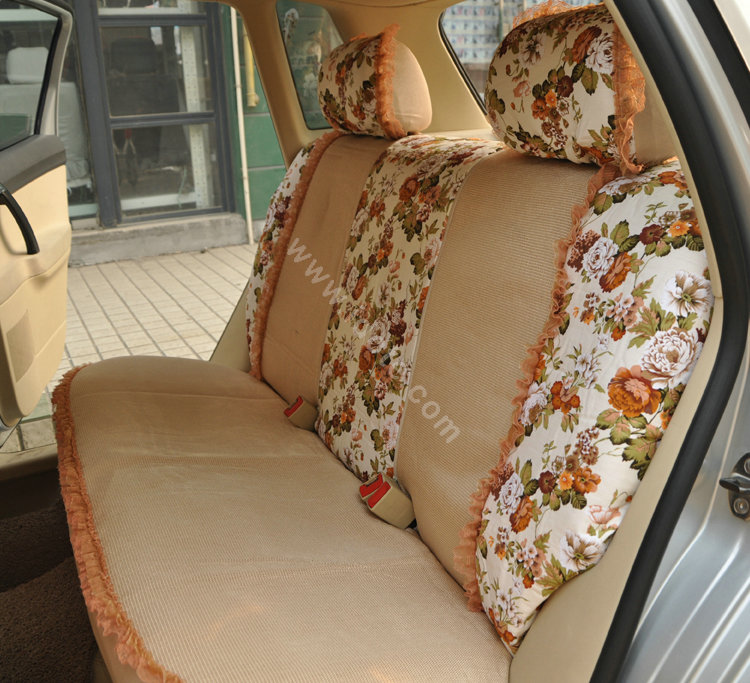 Floral print Bowknot Lace Universal Auto Car Seat Cover Set 21pcs ice silk - Beige