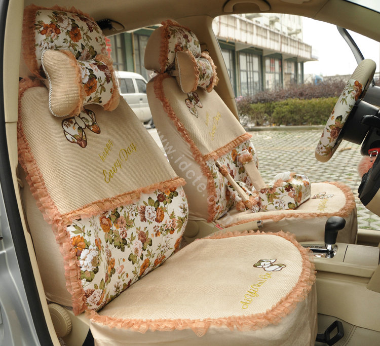 Floral print Bowknot Lace Universal Auto Car Seat Cover Set 21pcs ice silk - Beige