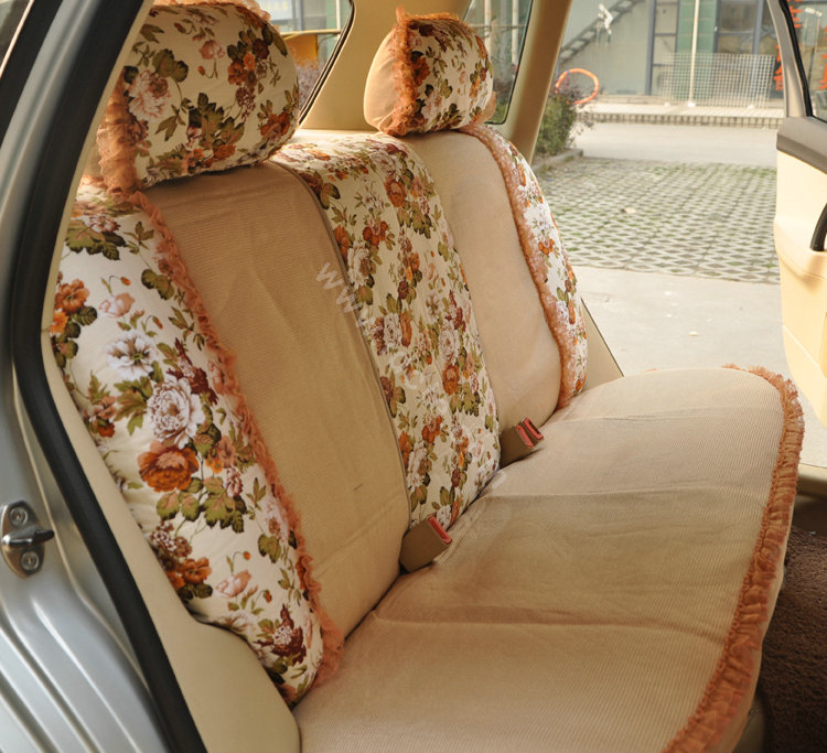 Floral print Bowknot Lace Universal Auto Car Seat Cover Set 21pcs ice silk - Beige