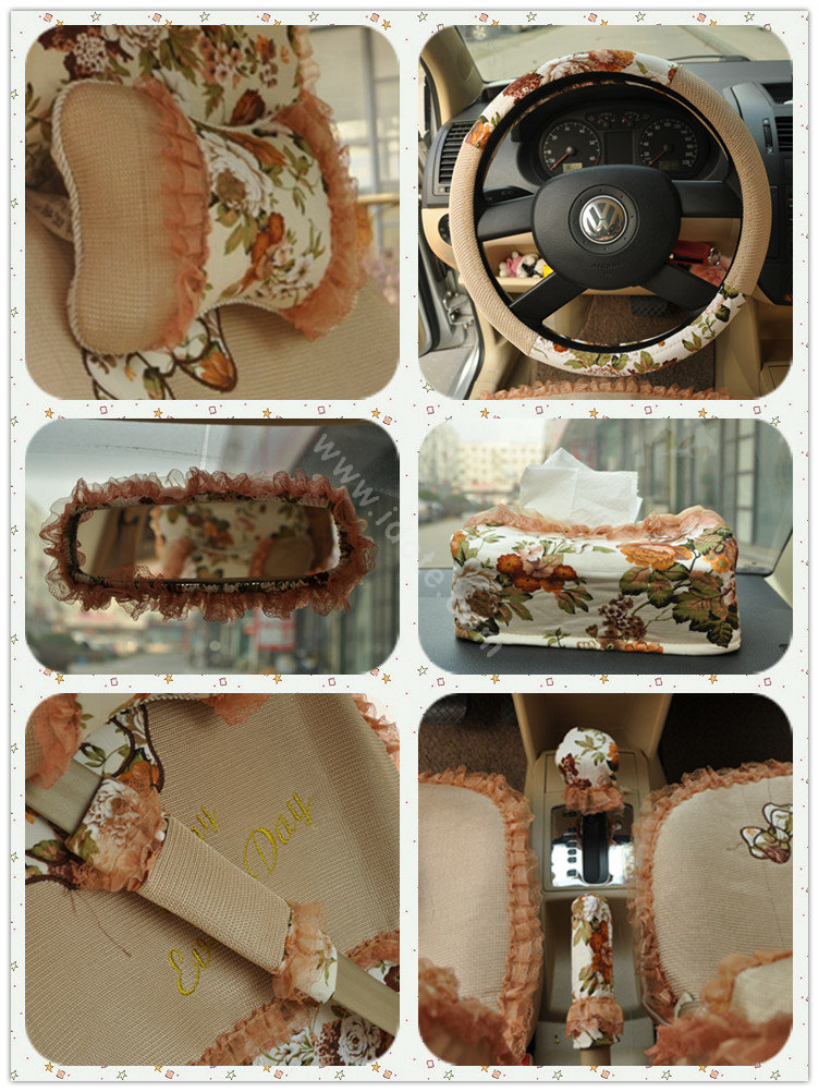 Floral print Bowknot Lace Universal Auto Car Seat Cover Set 21pcs ice silk - Beige