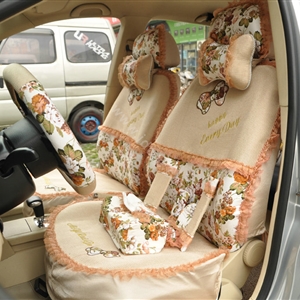 Floral print Bowknot Lace Universal Auto Car Seat Cover Set 21pcs ice silk - Beige