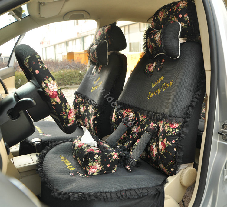 Floral print Bowknot Lace Universal Auto Car Seat Cover Set 21pcs ice silk - Black