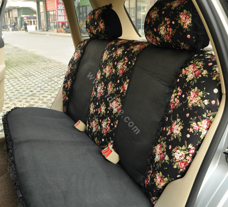 Floral print Bowknot Lace Universal Auto Car Seat Cover Set 21pcs ice silk - Black