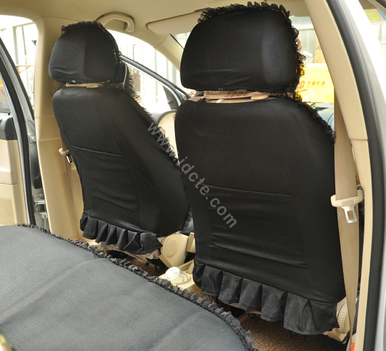 Floral print Bowknot Lace Universal Auto Car Seat Cover Set 21pcs ice silk - Black