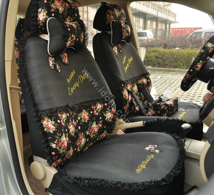 Floral print Bowknot Lace Universal Auto Car Seat Cover Set 21pcs ice silk - Black