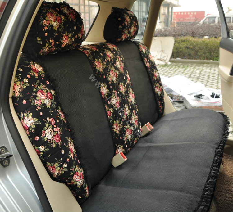 Floral print Bowknot Lace Universal Auto Car Seat Cover Set 21pcs ice silk - Black