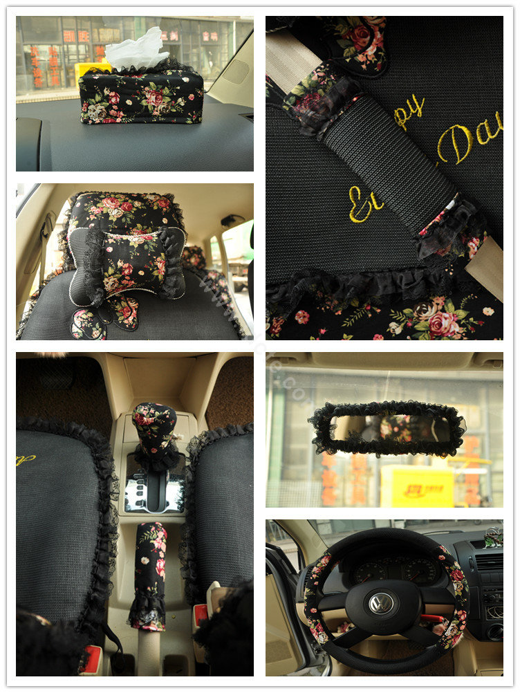 Floral print Bowknot Lace Universal Auto Car Seat Cover Set 21pcs ice silk - Black