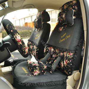 Floral print Bowknot Lace Universal Auto Car Seat Cover Set 21pcs ice silk - Black