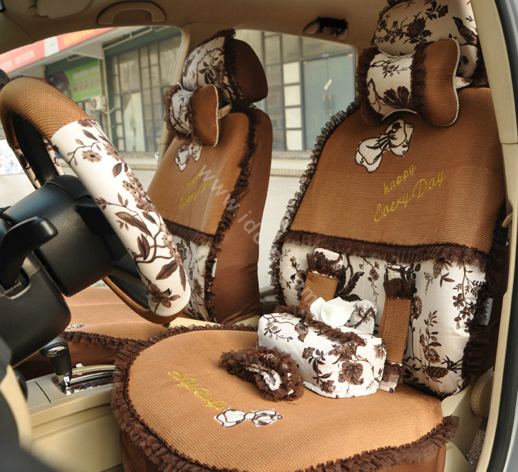Floral print Bowknot Lace Universal Auto Car Seat Cover Set 21pcs ice silk - Coffee