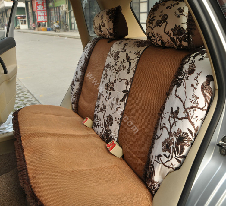 Floral print Bowknot Lace Universal Auto Car Seat Cover Set 21pcs ice silk - Coffee