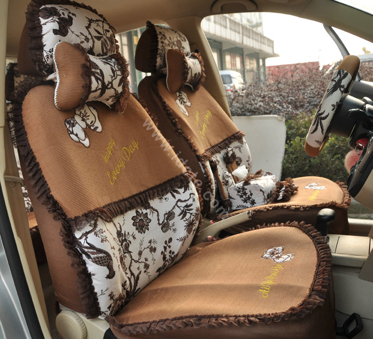 Floral print Bowknot Lace Universal Auto Car Seat Cover Set 21pcs ice silk - Coffee
