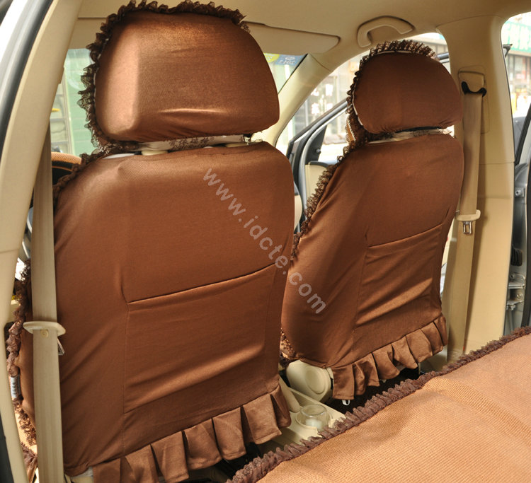 Floral print Bowknot Lace Universal Auto Car Seat Cover Set 21pcs ice silk - Coffee