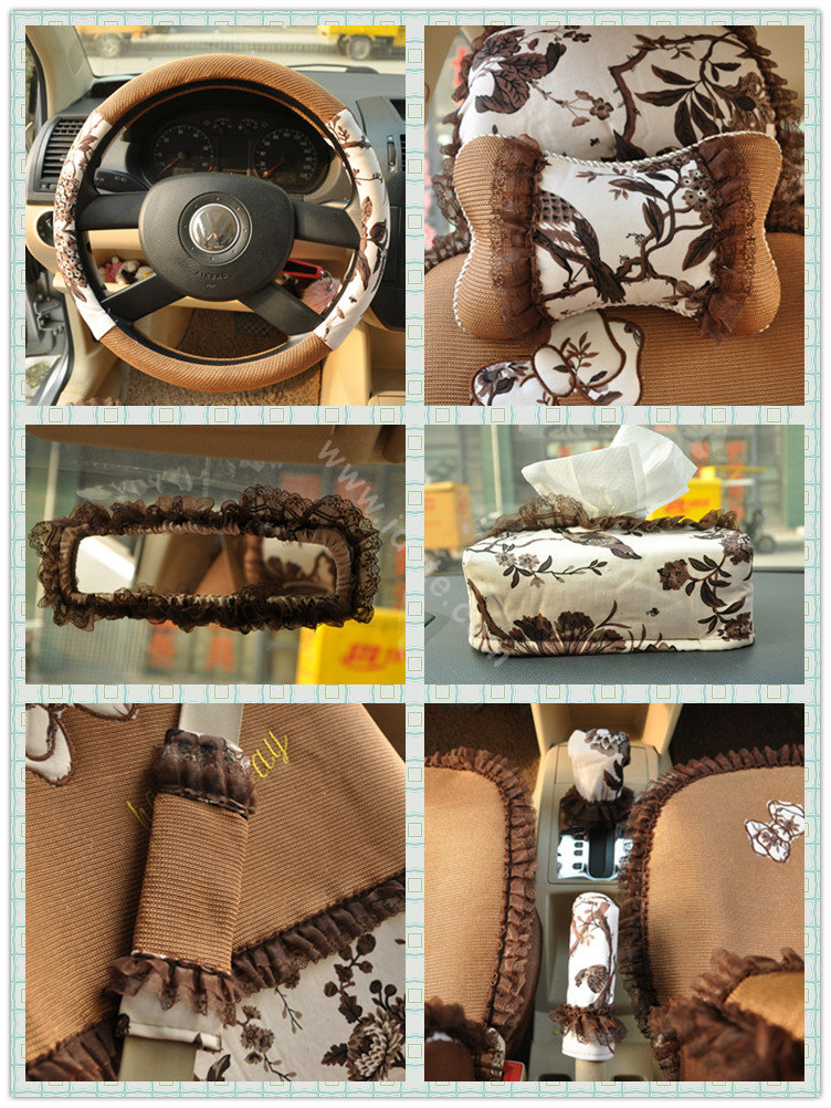 Floral print Bowknot Lace Universal Auto Car Seat Cover Set 21pcs ice silk - Coffee