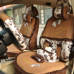 Floral print Bowknot Lace Universal Auto Car Seat Cover Set 21pcs ice silk - Coffee