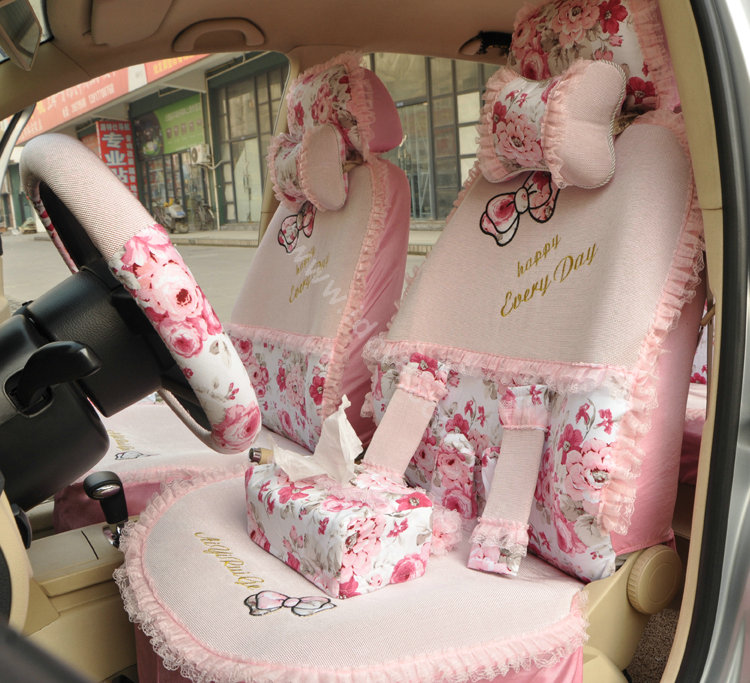 Floral print Bowknot Lace Universal Auto Car Seat Cover Set 21pcs ice silk - Pink