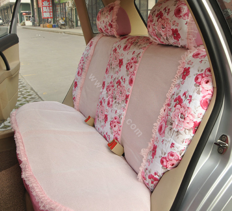 Floral print Bowknot Lace Universal Auto Car Seat Cover Set 21pcs ice silk - Pink