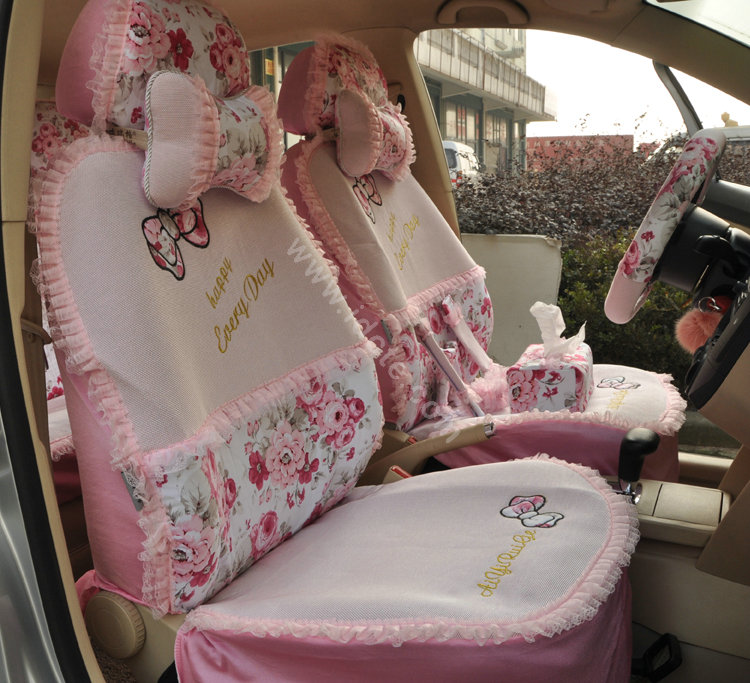 Floral print Bowknot Lace Universal Auto Car Seat Cover Set 21pcs ice silk - Pink