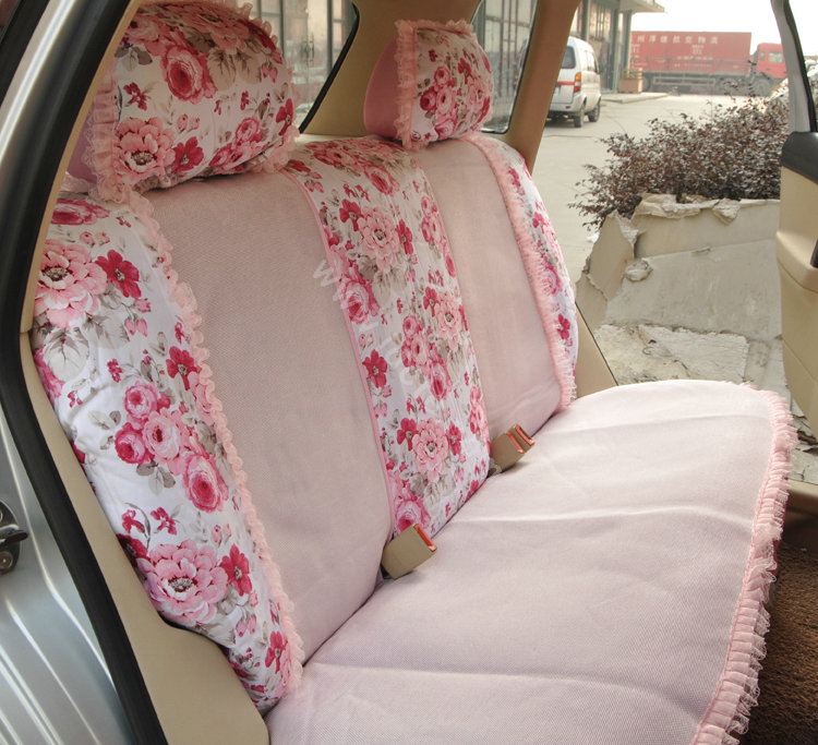 Floral print Bowknot Lace Universal Auto Car Seat Cover Set 21pcs ice silk - Pink