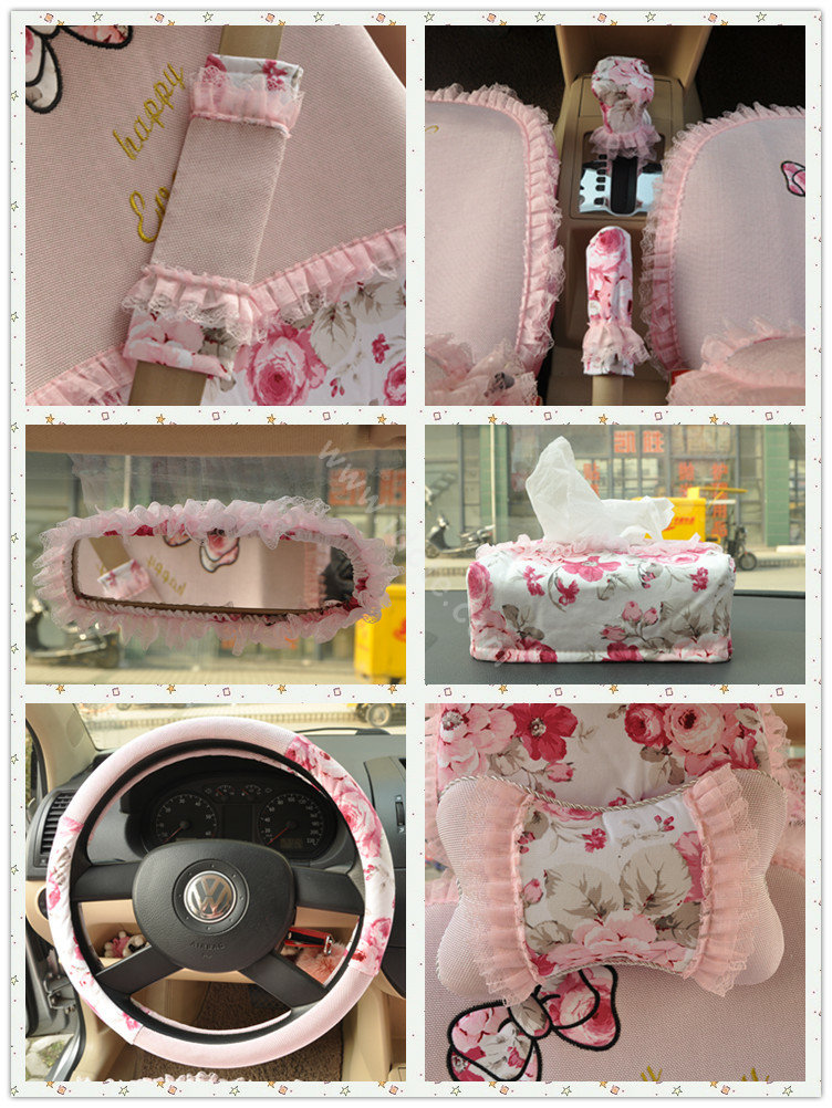 Floral print Bowknot Lace Universal Auto Car Seat Cover Set 21pcs ice silk - Pink