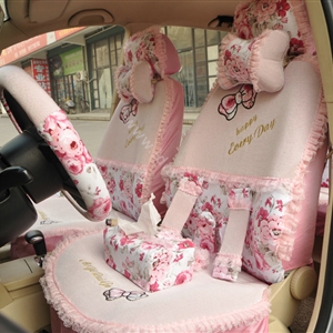 Floral print Bowknot Lace Universal Auto Car Seat Cover Set 21pcs ice silk - Pink