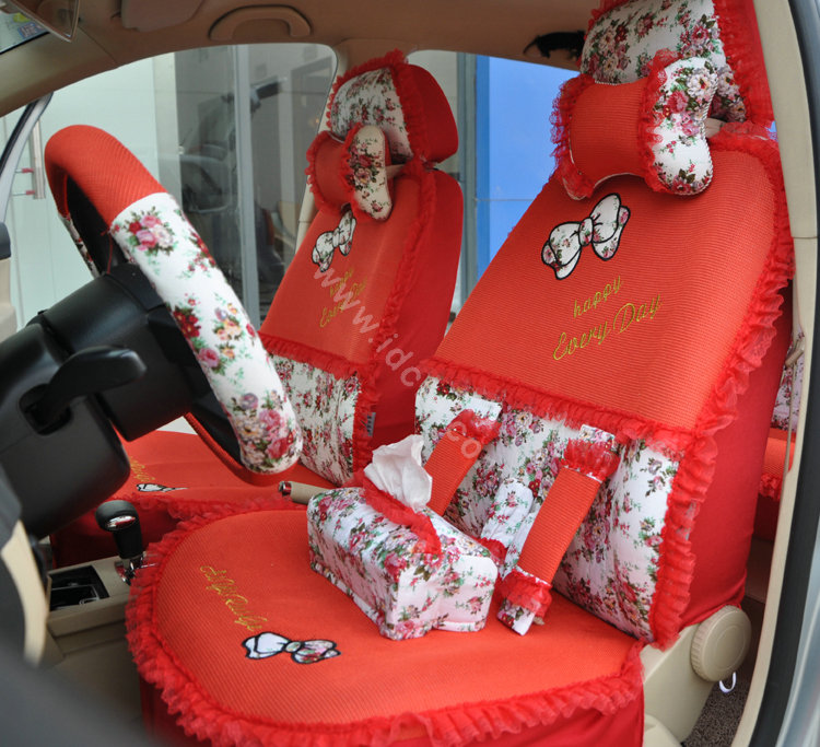 Floral print Bowknot Lace Universal Auto Car Seat Cover Set 21pcs ice silk - Red