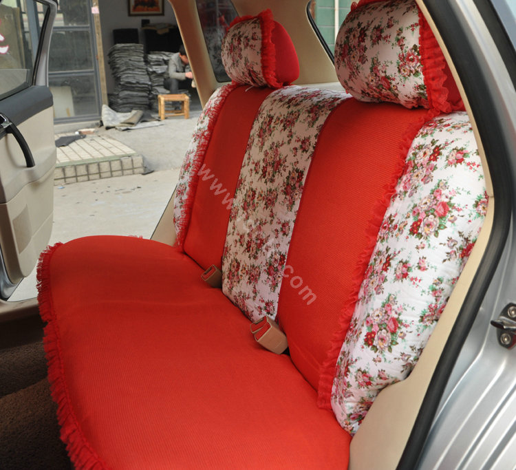 Floral print Bowknot Lace Universal Auto Car Seat Cover Set 21pcs ice silk - Red