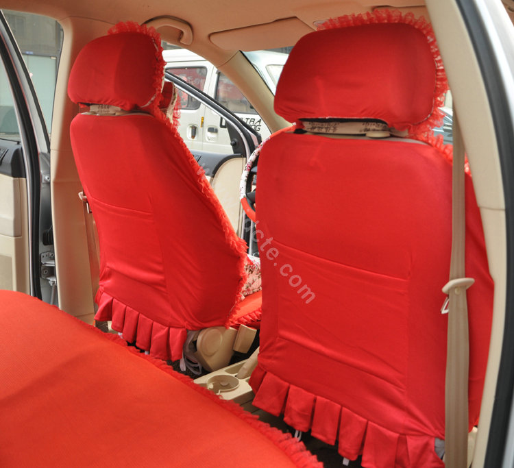 Floral print Bowknot Lace Universal Auto Car Seat Cover Set 21pcs ice silk - Red