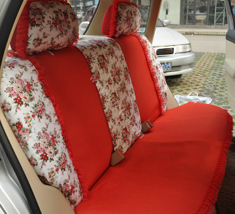 Floral print Bowknot Lace Universal Auto Car Seat Cover Set 21pcs ice silk - Red