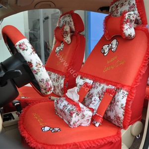Floral print Bowknot Lace Universal Auto Car Seat Cover Set 21pcs ice silk - Red