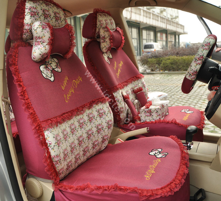 Floral print Bowknot Lace Universal Auto Car Seat Cover Set 21pcs ice silk - Rose