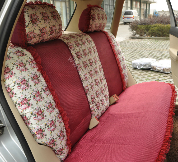 Floral print Bowknot Lace Universal Auto Car Seat Cover Set 21pcs ice silk - Rose