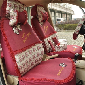 Floral print Bowknot Lace Universal Auto Car Seat Cover Set 21pcs ice silk - Rose