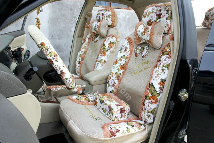Floral print Lace Bowknot Universal Auto Car Seat Cover Set 21pcs ice silk - Beige