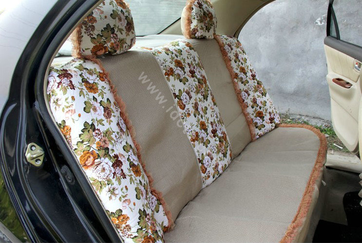 Floral print Lace Bowknot Universal Auto Car Seat Cover Set 21pcs ice silk - Beige