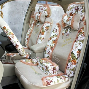 Floral print Lace Bowknot Universal Auto Car Seat Cover Set 21pcs ice silk - Beige