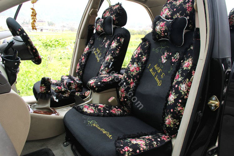 Floral print Lace Bowknot Universal Auto Car Seat Cover Set 21pcs ice silk - Black