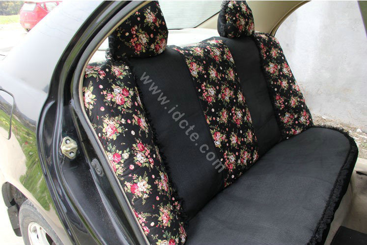 Floral print Lace Bowknot Universal Auto Car Seat Cover Set 21pcs ice silk - Black