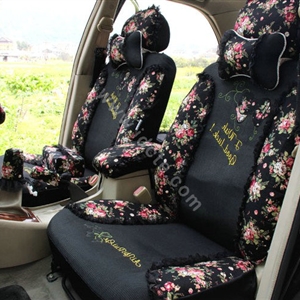 Floral print Lace Bowknot Universal Auto Car Seat Cover Set 21pcs ice silk - Black